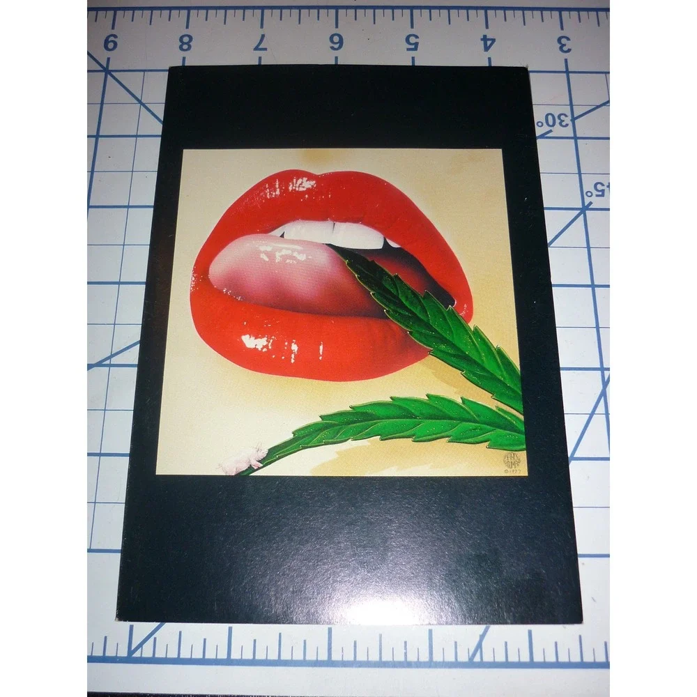 Vintage 1977 H.R. Giger HMP Surrealist Lips Cannabis Leaf Greeting Card 5x7